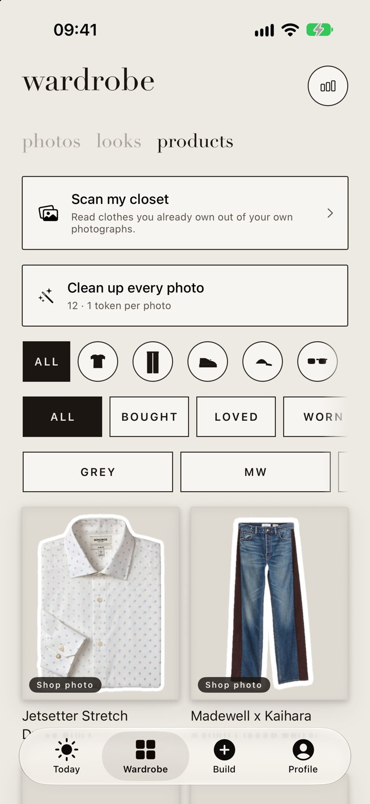 Sartor app screenshot — Wardrobe