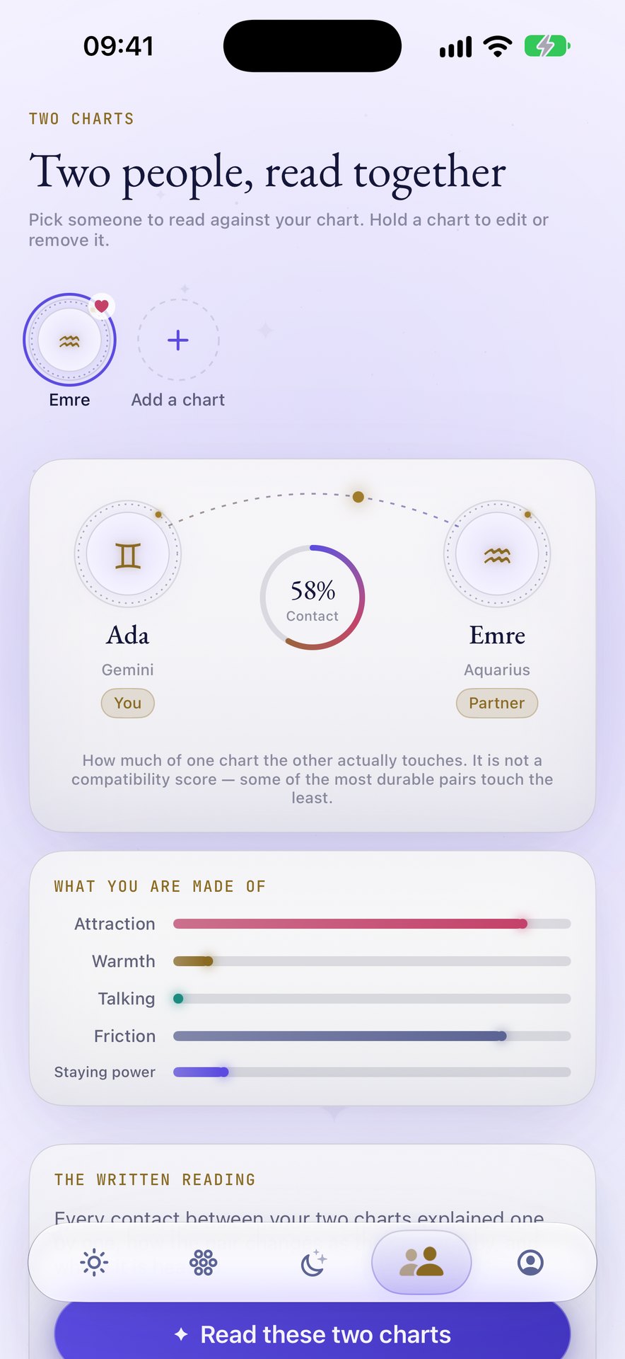 Zenit app screenshot — two birth charts read together