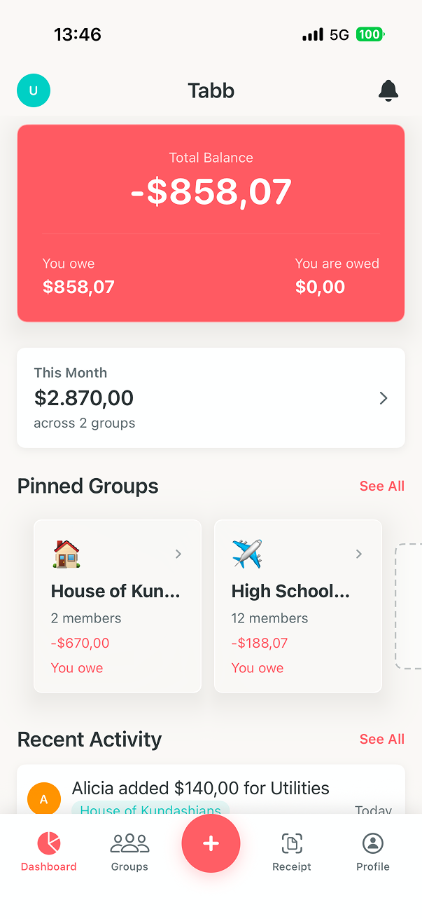 Tabb app screenshot — dashboard with total balance and pinned groups