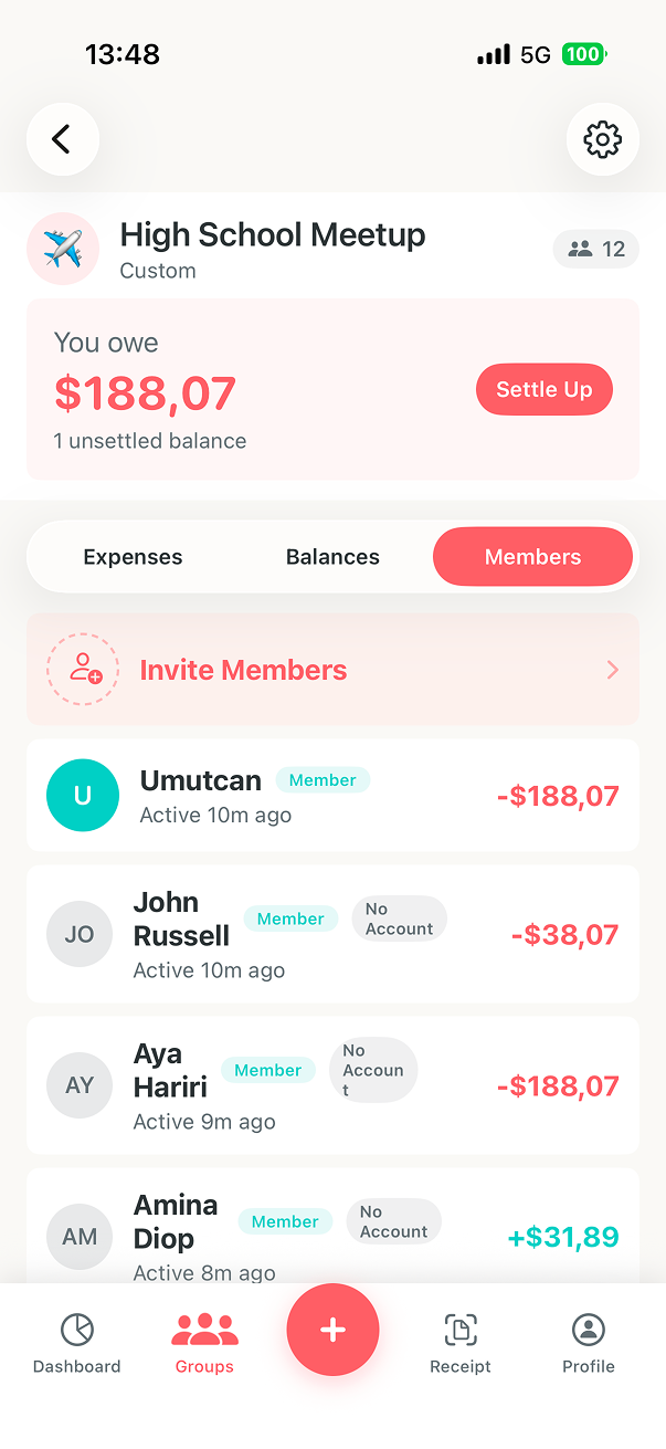 Tabb app screenshot — group view with members and balances