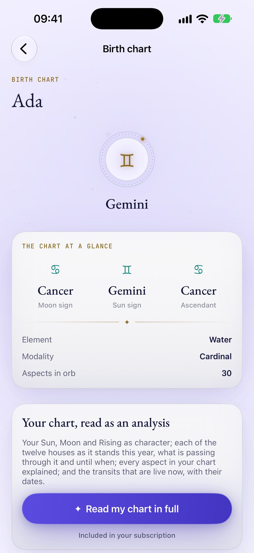 Zenit app screenshot — full birth chart