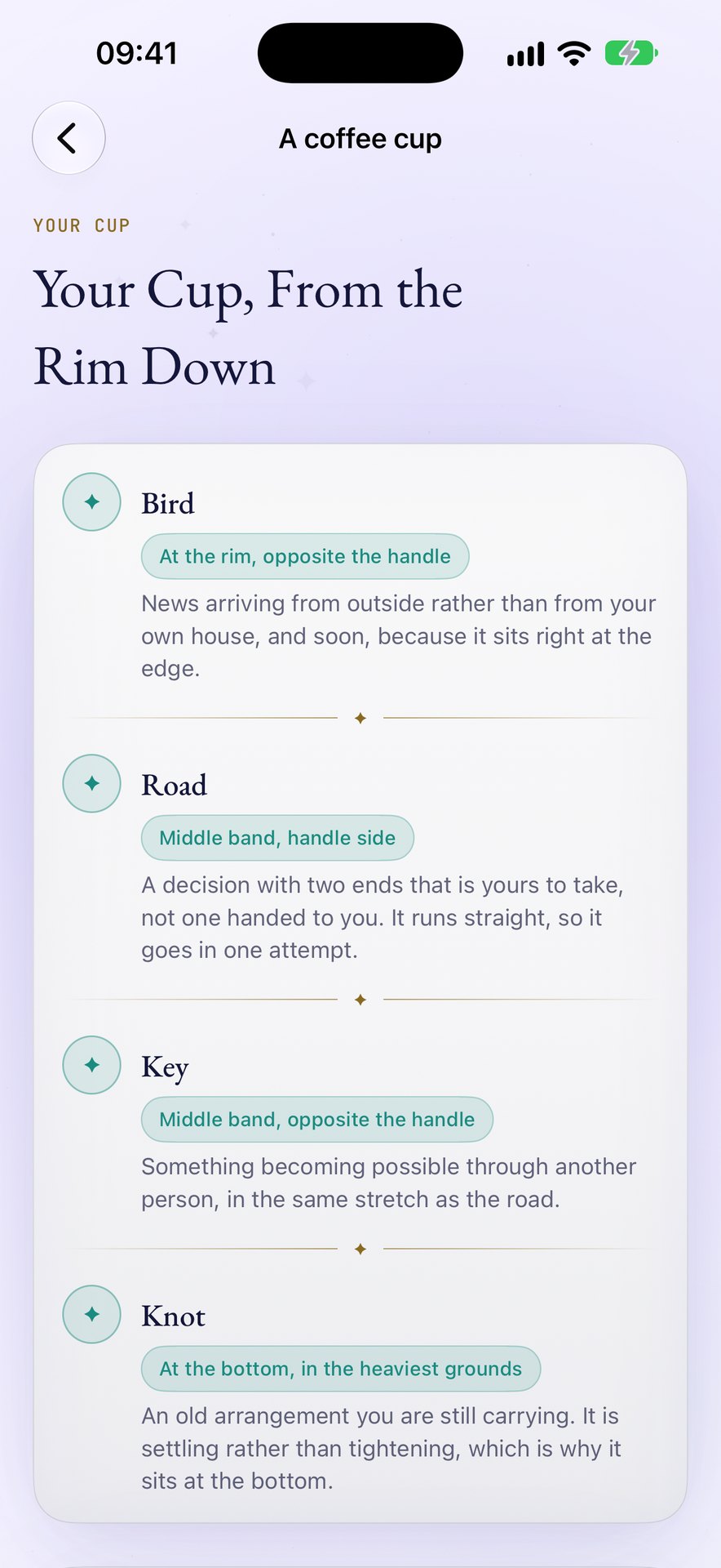 Zenit app screenshot — coffee cup reading
